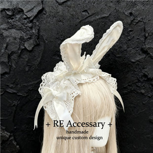 lolita白色蕾丝兔耳朵发带kc发饰lolita洛丽塔头饰甜美发饰