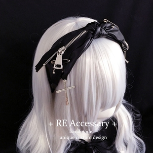 自制手作日系原创暗黑朋克发箍蝴蝶结头饰亚文化哥特小众皮发箍