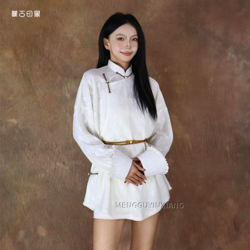 蒙古族女士上衣针织镂空衬衫民族风新中式马蹄袖外套时尚休闲百搭
