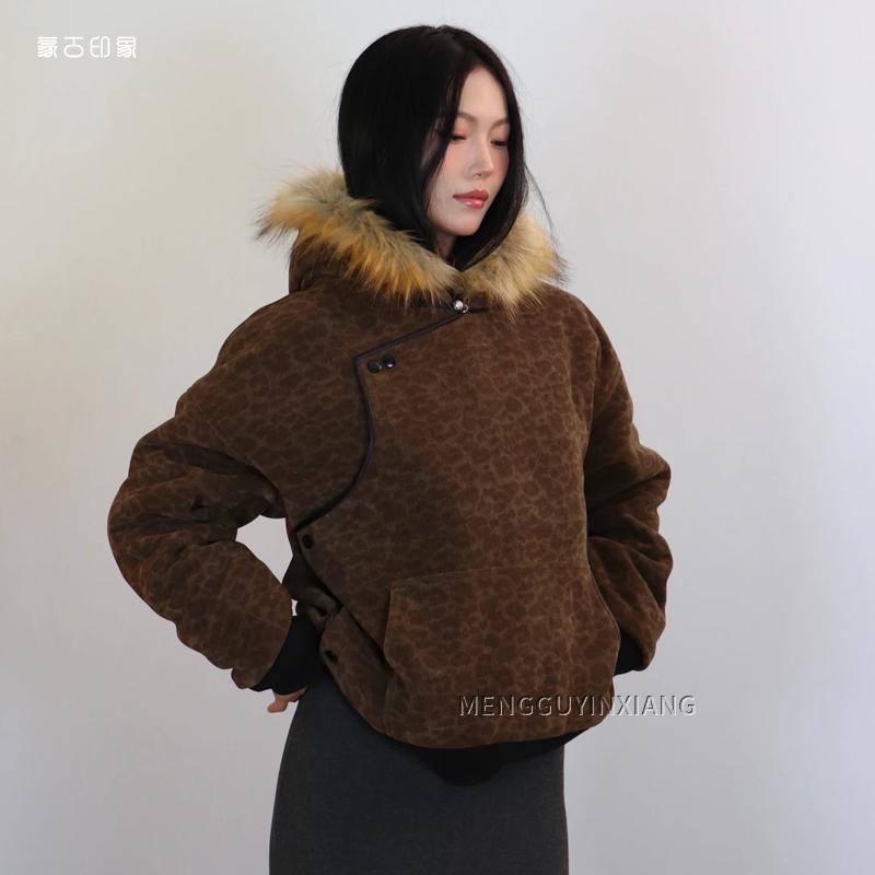 斜襟棉服外套民族风蒙古元素中式国风时尚个性棉衣豹纹迷彩冬新款