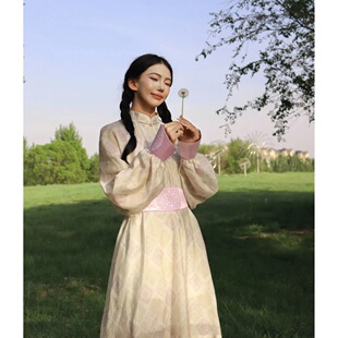 连衣裙女夏季立领收腰民族花纹古装日常百搭汉服国风传统服饰古风