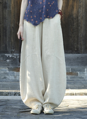 秋冬季女士加绒保暖休闲裤高腰显瘦宽松灯笼裤国风复古棉麻阔腿裤