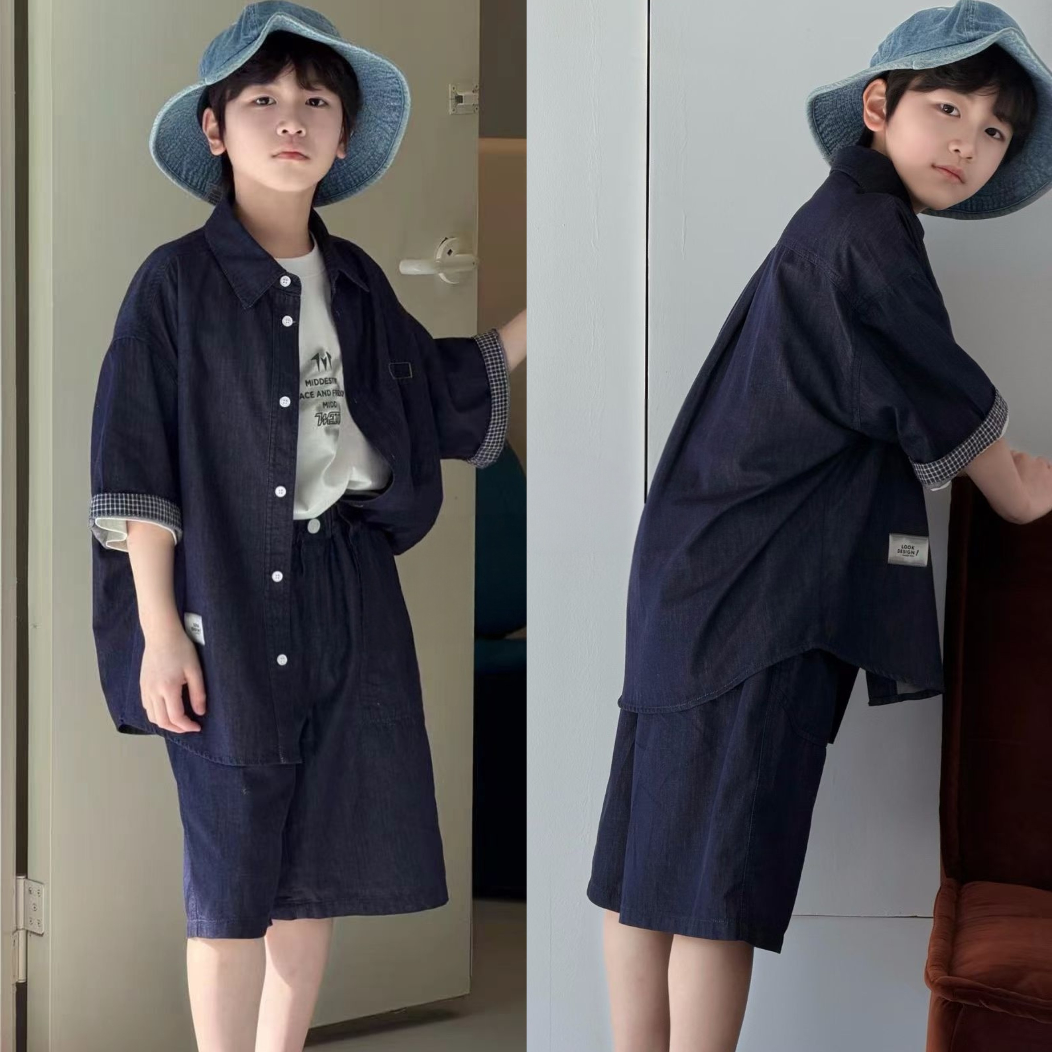 牛哆哆童装2026夏款男女童宽松休闲牛仔衬衫短袖套装两件套95536
