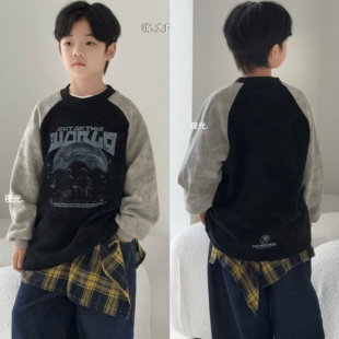 大E小e童装2025冬款男女童儿童夜光T恤插肩袖一体绒拼色卫衣5569