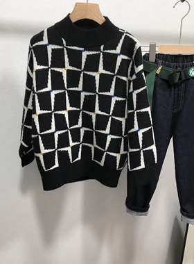 童装冬装新款男女儿童韩版格子套头毛衣针织衫潮58067