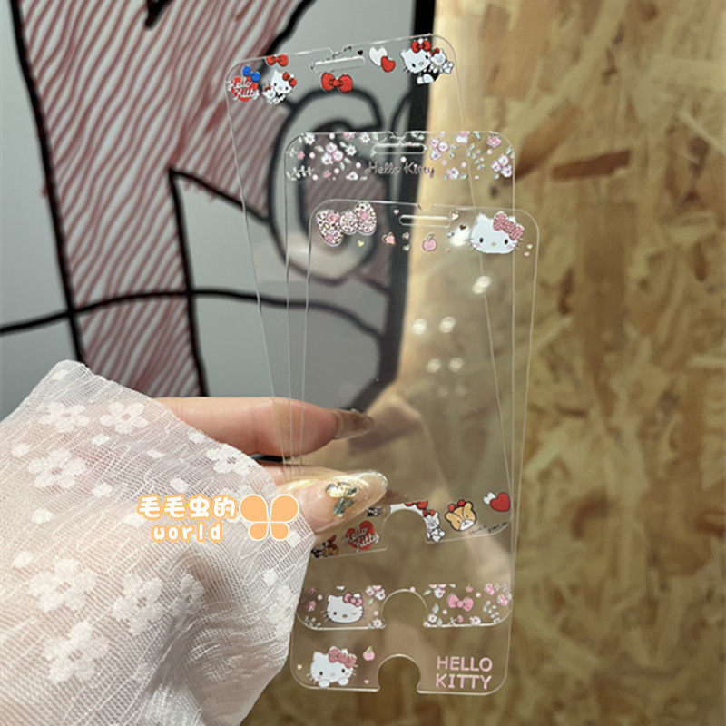 KT猫适用苹果4/4S/5/5S卡通小碎花凯蒂猫透明高清钢化玻璃贴膜新款iPhone6s/7/8plus半屏手机彩膜SE2/3