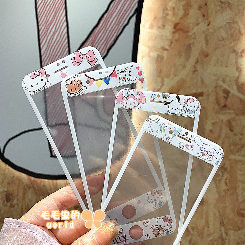 kitty适用苹果6s/7/8plus卡通钢化玻璃贴膜玉桂狗帕恰狗可爱iPhone4/4S/5/5S全屏彩色手机彩膜SE2/3美乐蒂女