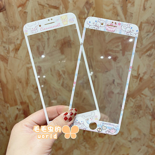 iPhone6 8卡通钢化玻璃贴膜布丁狗新款 8plus全屏黑白手机彩膜SE2 玉桂狗适用苹果6s