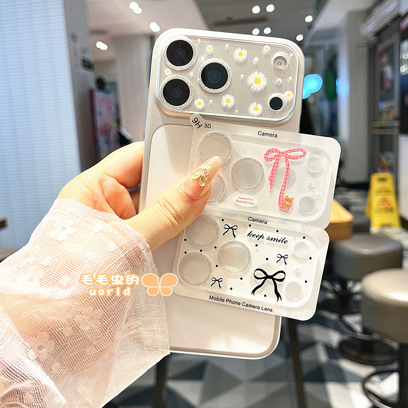 蝴蝶结适用苹果17/18promax一体全包闪粉镜头膜17Pro小雏菊保护膜14/15/16promax卡通钢化玻璃摄像头AR增透