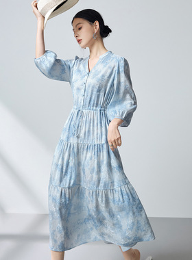 水墨【丝麻混纺】小众高端设计连衣裙2026夏晕染收腰大摆裙子3795