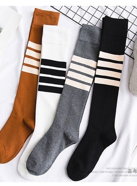 2双美腿袜INS个性塑形AB版小腿袜黑灰桔白色高筒过膝盖及膝条纹袜
