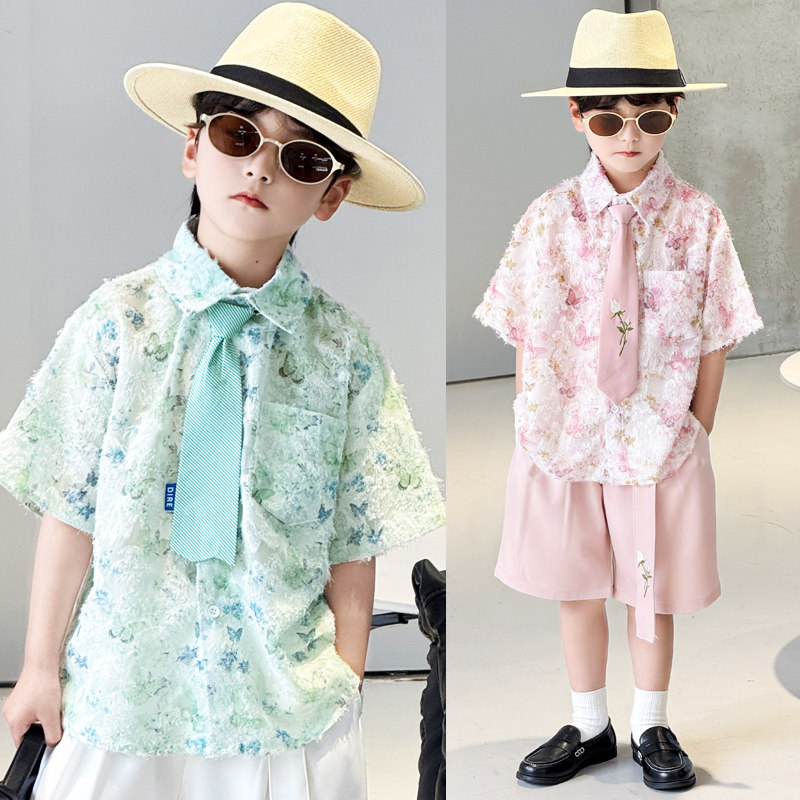 2026新款男童碎花衬衫 夏季儿童短袖衬衣 潮搭可爱风男童气质套装