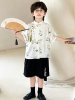 New Chinese-style Tang suit for boys, summer thin stand-up collar button-up shirt, bamboo leaf traditional Chinese style shirt, performance costume, evening dress set thumbnail 6