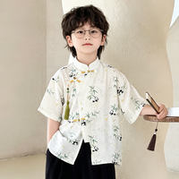New Chinese-style Tang suit for boys, summer thin stand-up collar button-up shirt, bamboo leaf traditional Chinese style shirt, performance costume, evening dress set thumbnail 4