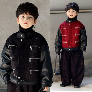 秋冬季加绒款小香风亮片夹克男童痞帅潮牌高街风皮衣机车风外套