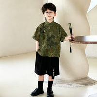 New Chinese-style Tang suit for boys, summer thin stand-up collar button-up shirt, bamboo leaf traditional Chinese style shirt, performance costume, evening dress set thumbnail 2