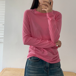 2026春夏新款粉色长袖T恤女薄款匹马纯棉设计感修身甜美减龄百搭
