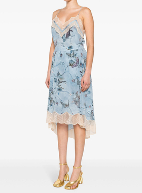 2024春夏新款ZV真丝蕾丝拼接半身裙蓝色印花松紧腰A字迷笛优雅