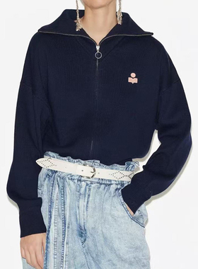 25秋冬新款IS藏蓝色开衫毛衣外套女羊毛混纺刺绣小蝙蝠袖宽松时尚