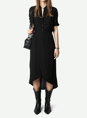 25夏新款ZV法式粘纤黑色短袖连衣裙烫钻半开襟收腰显瘦中长不规则