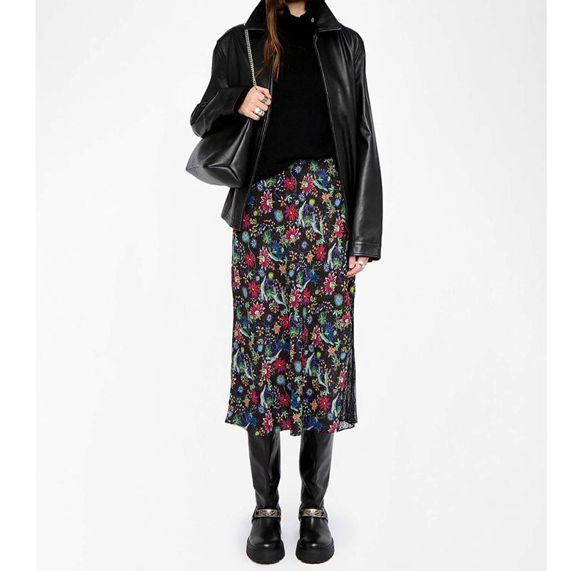 2026春新款ZV鱼尾半身裙女黑色系复古碎花开叉蕾丝拼接粘纤垂坠