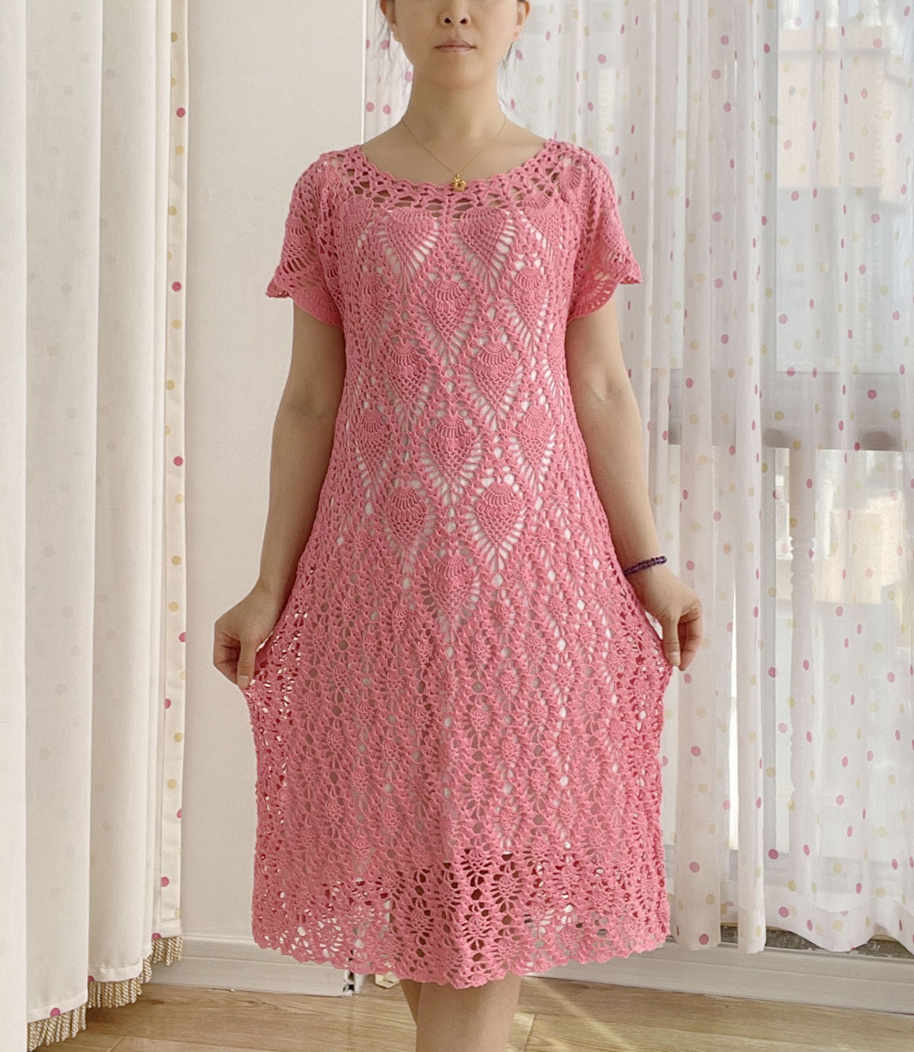 现货孤品手工钩织定制圆领短袖针织修身连衣裙镂空女装上衣1188