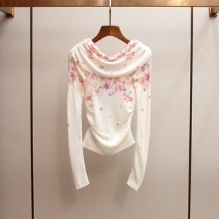 深圳南油高端女装春季新款轻熟淑女风印花捏褶收腰露肩针织衫上衣