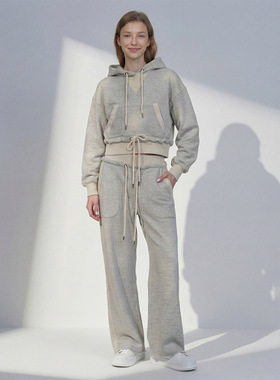2026早春新款小众灰色连帽长袖外套抽绳松紧腰长裤运动套装女