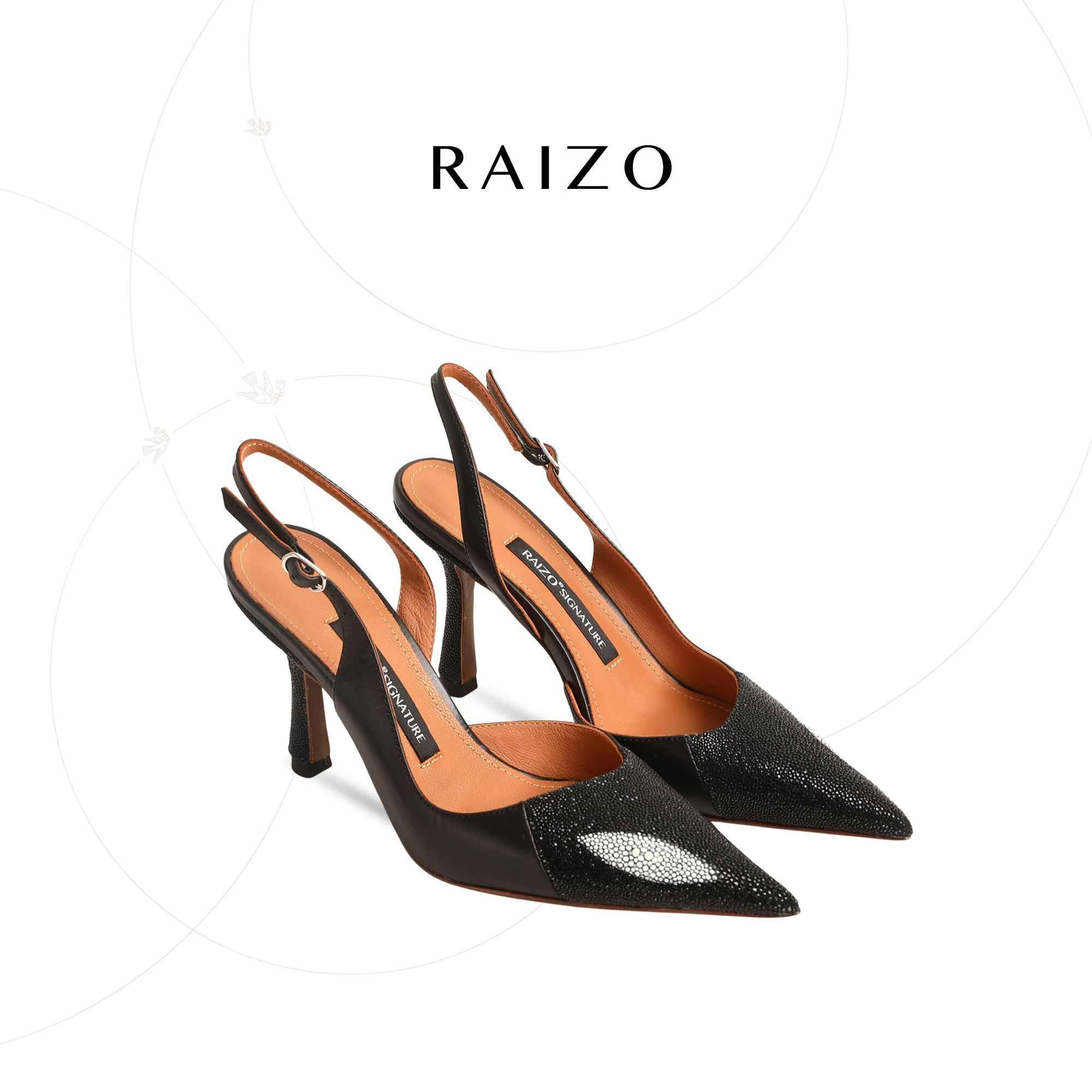 RAIZO 稀缺魔鬼鱼皮拼接后空凉鞋尖头浅口高跟鞋夏季舒适透气简约