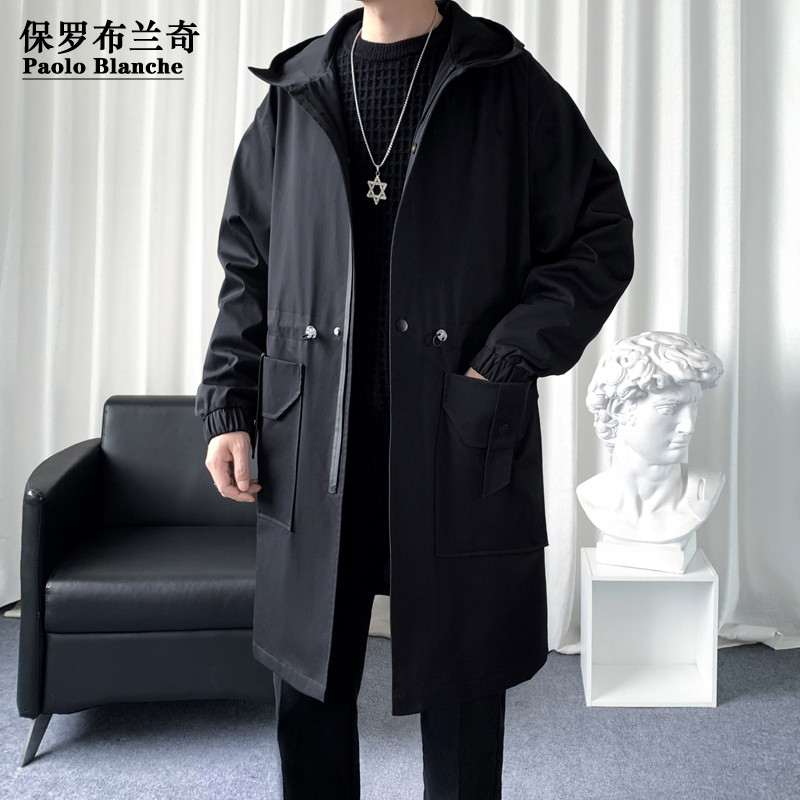 保罗2025秋装纯色连帽风衣男潮流外套衣服大码百搭休闲宽风衣外套