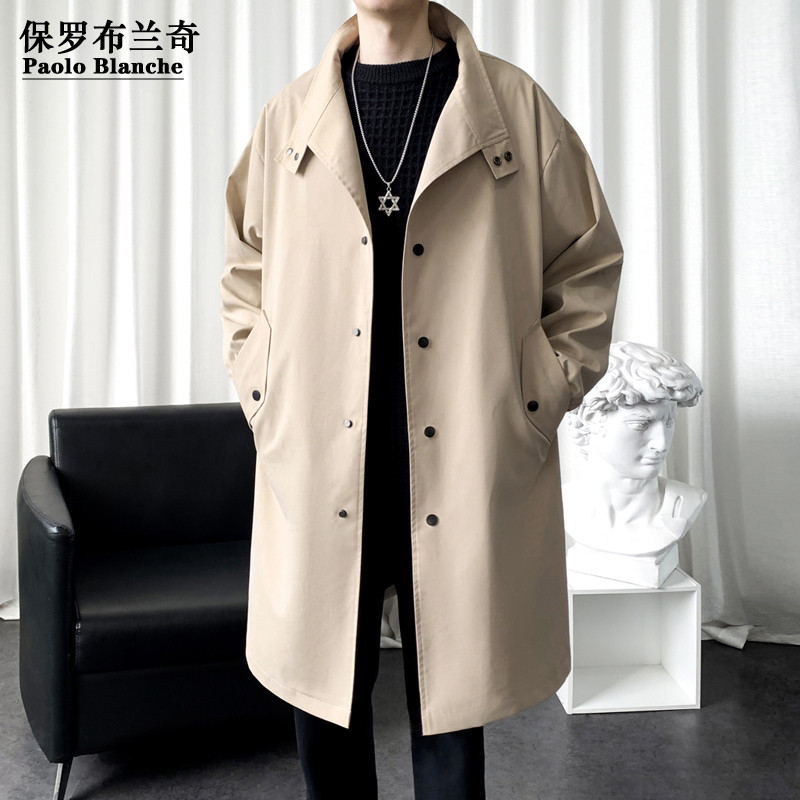 保罗2025秋装潮流外套纯色立领风衣男大码百搭休闲宽风衣外套