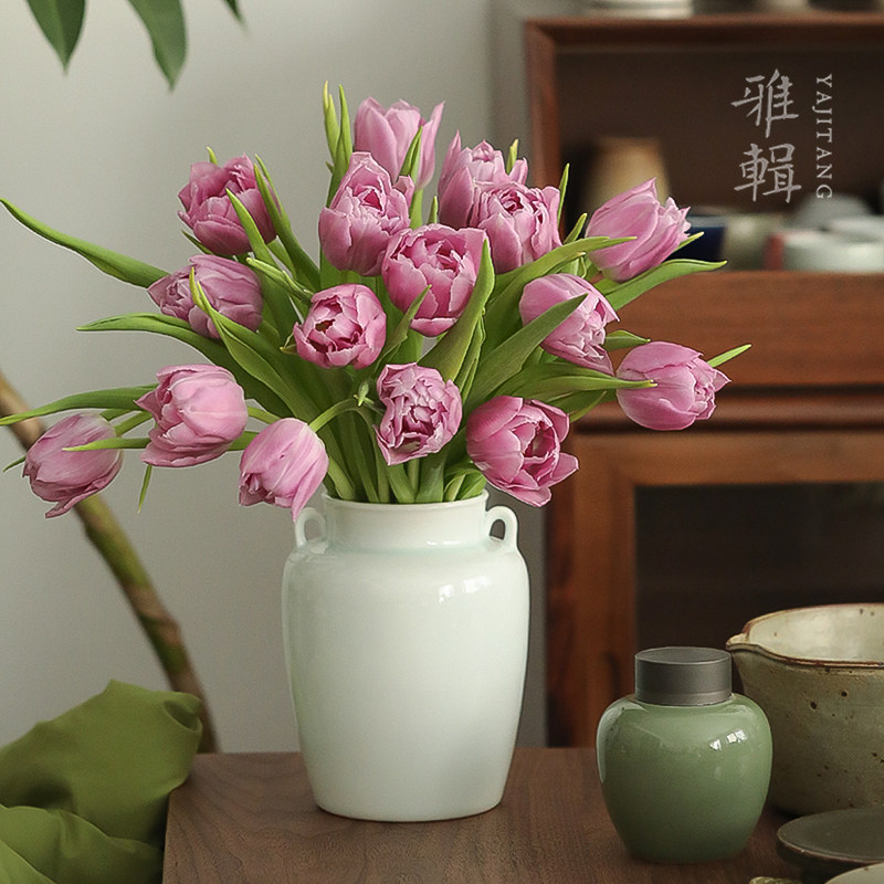 雅辑 如常。青白瓷双系耳花罐花瓶花插 茶道日用餐桌花器