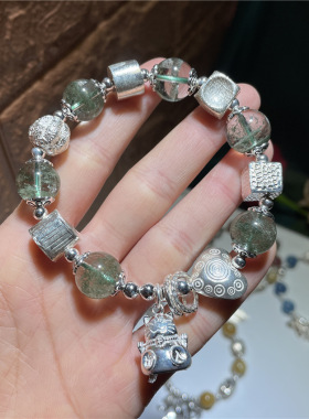 复古银饰千层绿幽灵招财猫手链重工串珠diy成品手串