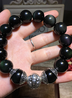 水晶饰品16mm彩眼黑曜石925银貔貅手链男款情人节送老公礼物