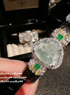 荔枝冻白玉髓蛋形宝石手表腕带 新中式 晴水蓝翡翠佛公手链 手镯