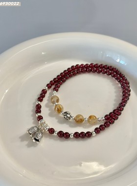 天然石榴石金发晶纯银配件手链纯银小花朵吊坠手串手链女生