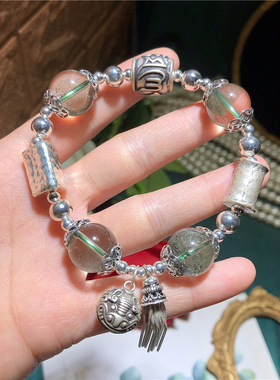 店主设计复古银饰14mm满天星绿幽灵铃铛流苏手链大气个性时尚饰品