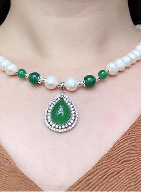 强光微瑕淡水珍珠项链925银玉髓吊坠送妈妈母亲节礼物女