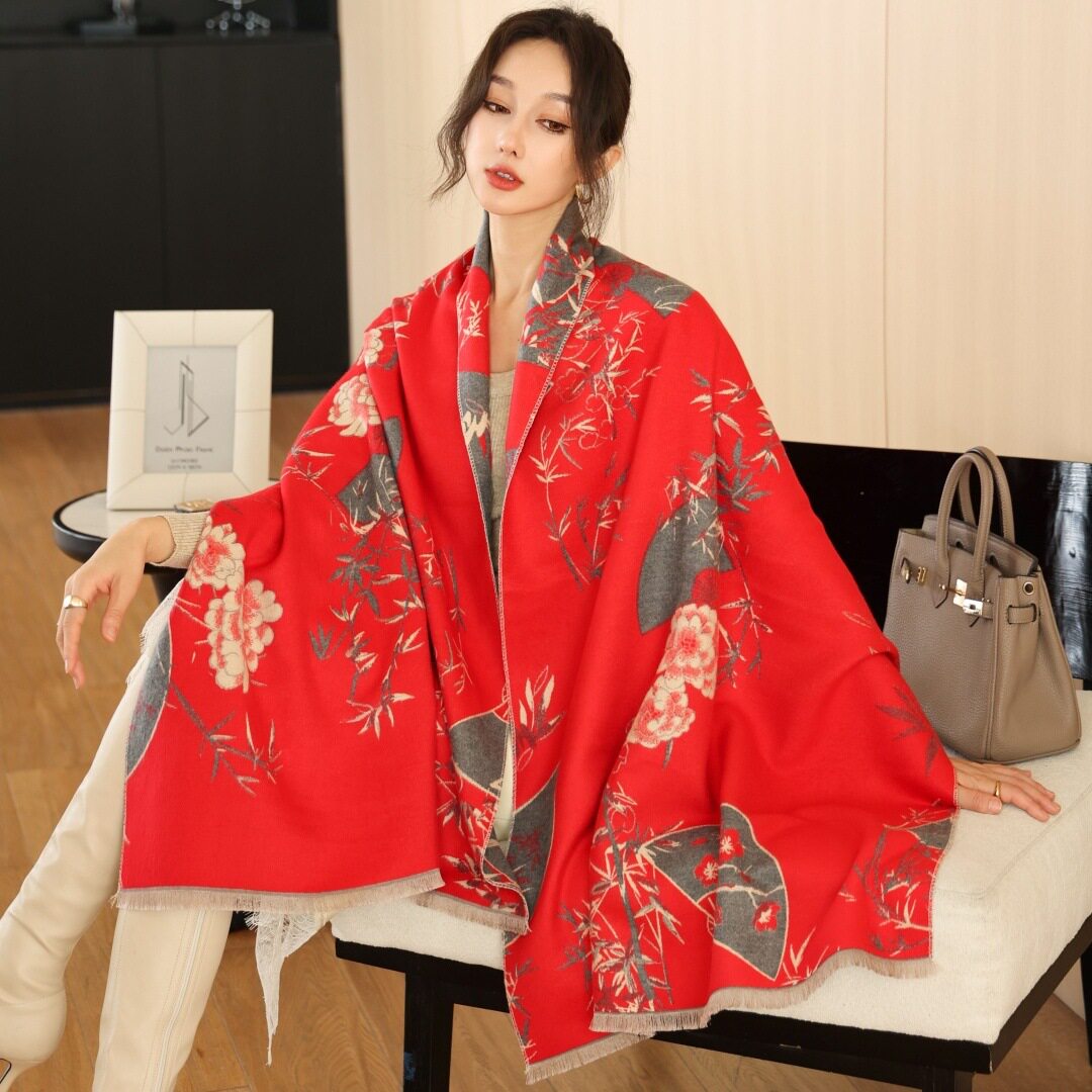 长款围巾妈妈冬季仿羊绒提花百搭保暖围巾女复古加厚空调披肩时尚