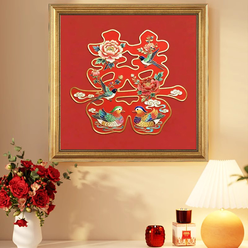 喜上生花鸳鸯戏水十字绣新款结婚喜庆大格满绣新国风喜字百年好合