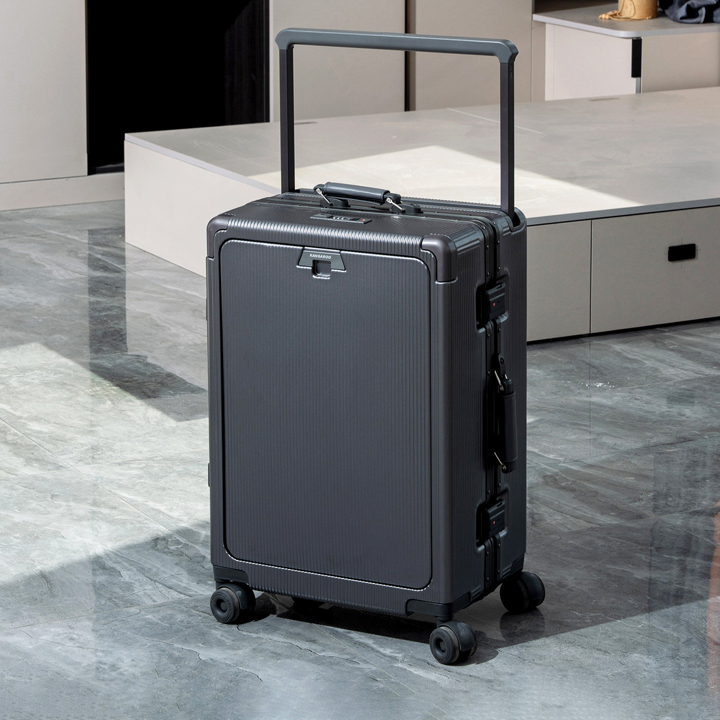 袋鼠侧开盖行李箱加厚结实耐用20寸登机箱男铝框宽拉杆旅行前开口