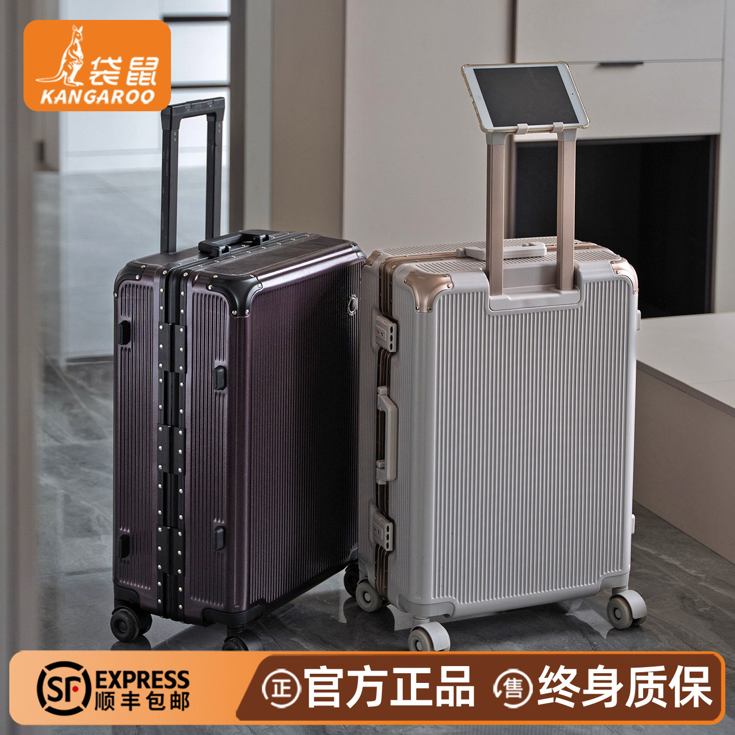 袋鼠紫色行李箱拉杆箱结实耐用加厚2026新款旅行密码皮箱20寸登机