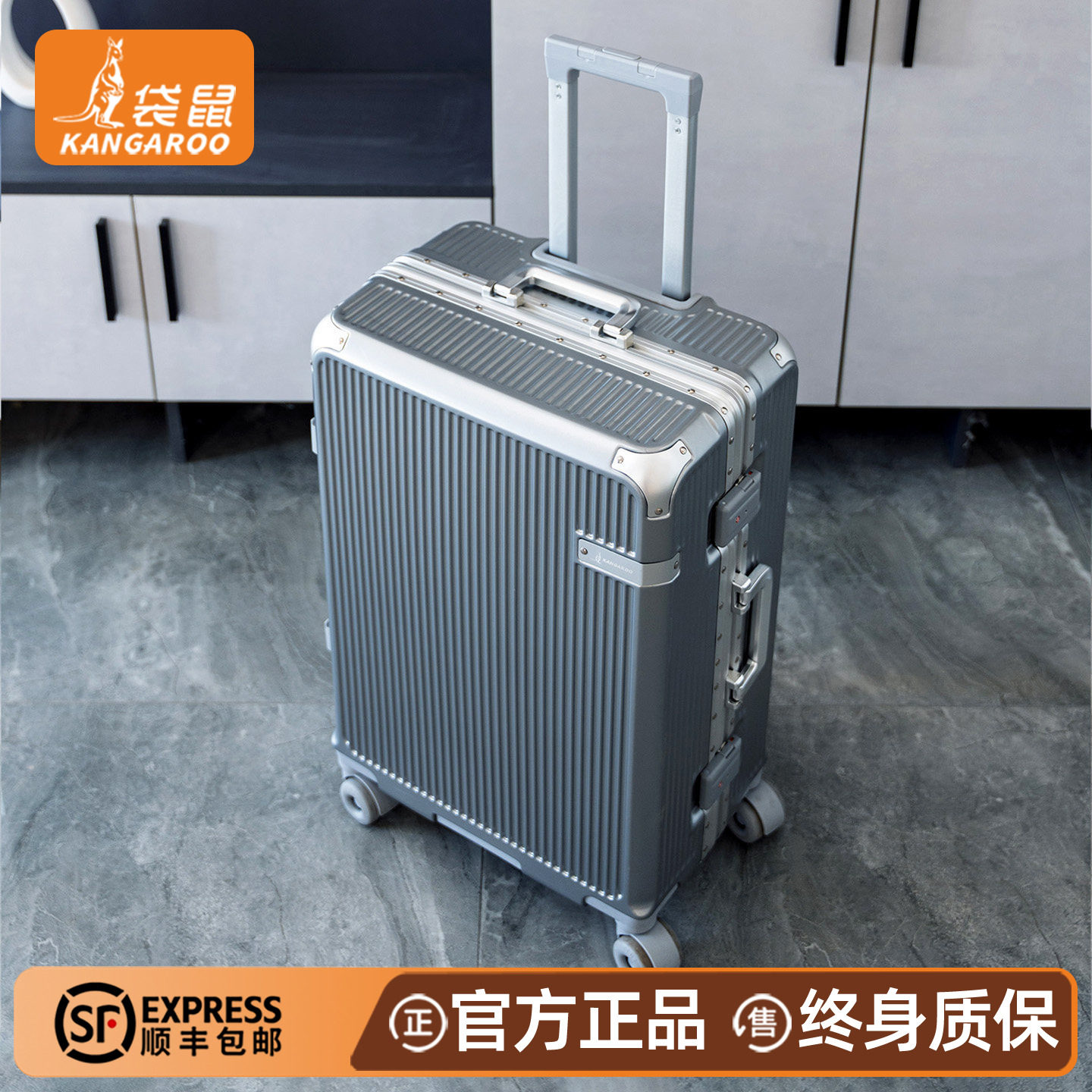 袋鼠银色行李箱男生可上飞机20寸登机箱商务出差旅行密码箱22铝框