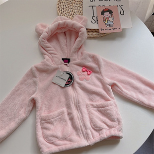 日单原单女童外套连帽薄棉服毛茸茸可爱甜美软糯保暖熊耳拉链上衣