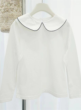 中大童ba家春季新款女童打底衫长袖T恤娃娃领翻领衬衫白色上衣