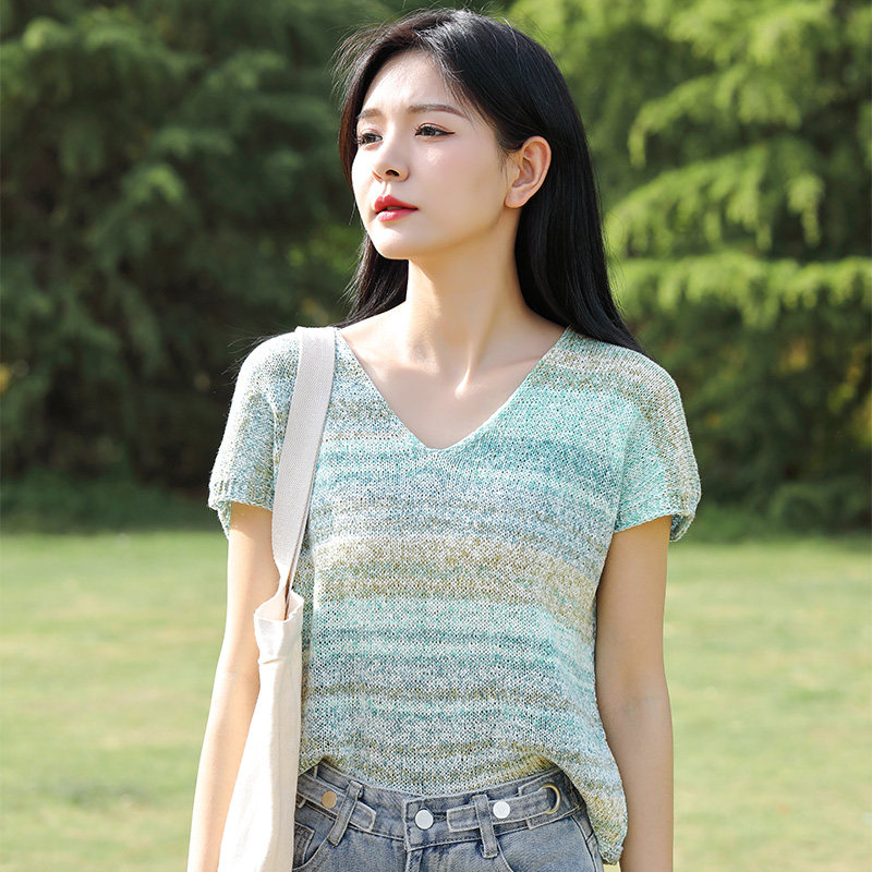 毛儿手作 淡彩女士短袖材料包 棒针手工毛线编织diy 段染扁带线