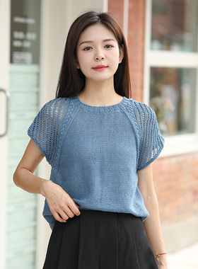 毛儿手作 语舒女士短袖材料包 棒针手工毛线编织DIY制作 云麻