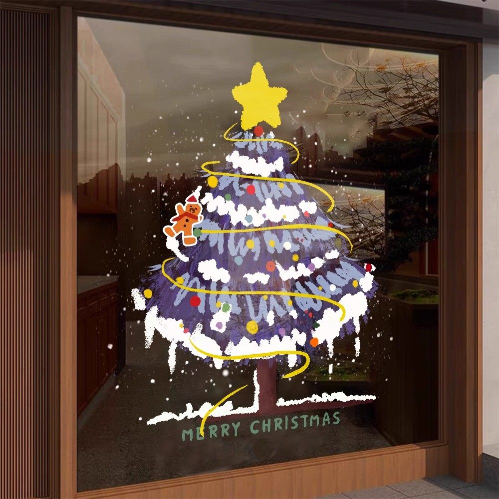 圣诞树装饰窗贴玻璃贴纸静电贴商场橱窗节日氛围布置门贴纸无痕贴