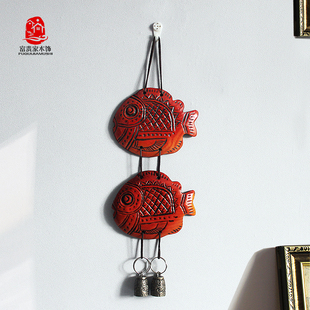 门上挂件装饰小铃铛鱼实木挂饰壁饰新中式墙饰卧室房间墙面挂件