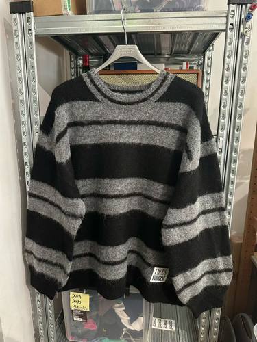 不退换 纯原日单条纹超廓形马海毛针织毛衣 男女同款  L 胸围142